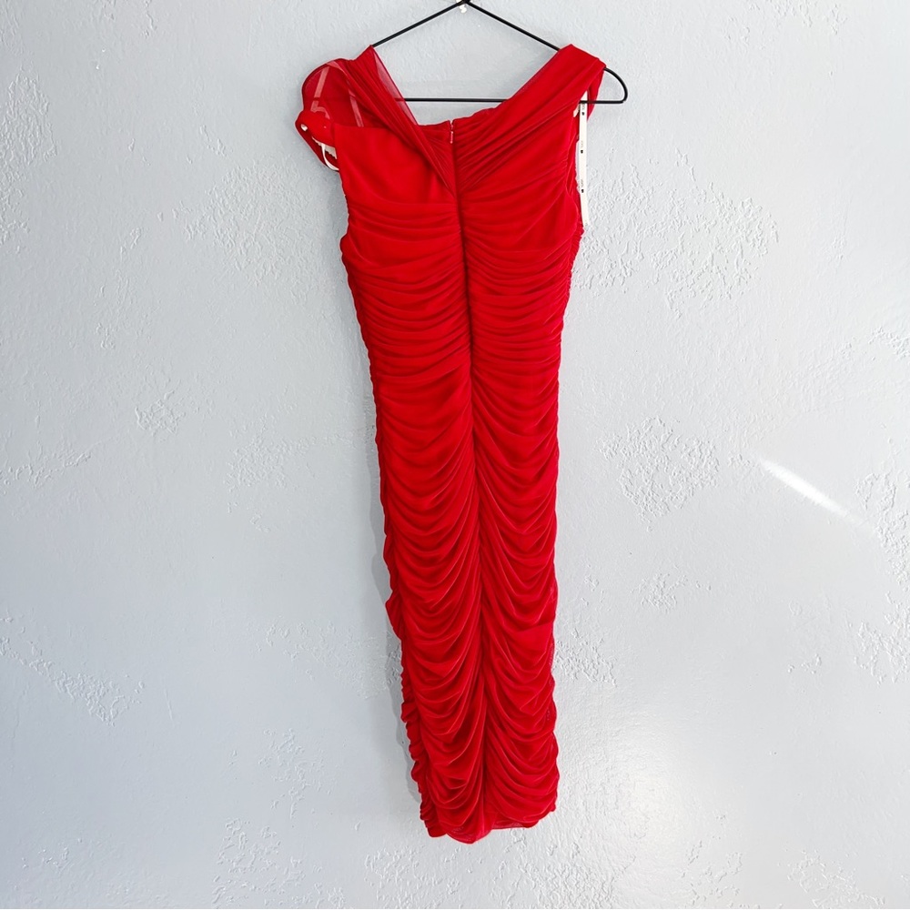 Red Mesh Ruffle Ruched Mini Dress Size Small - Picture 2 of 8